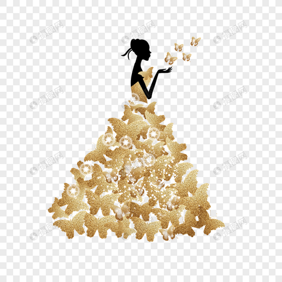 新娘抽象金色花纹婚纱图片