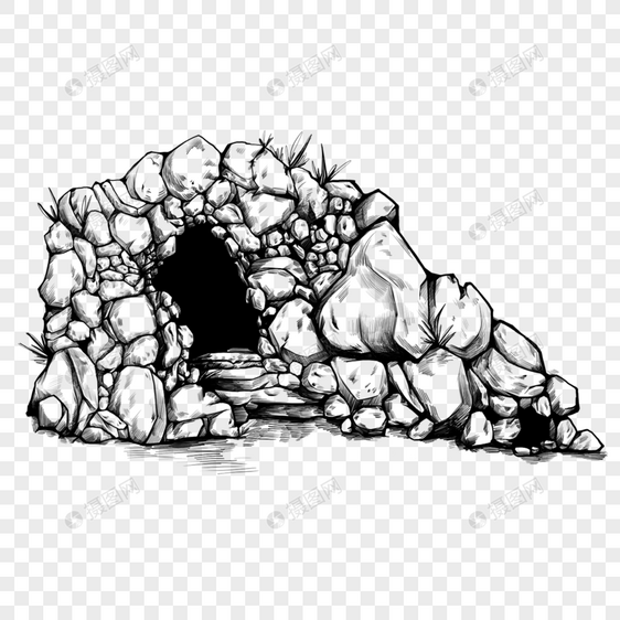 洞穴黑白卡通素描图片
