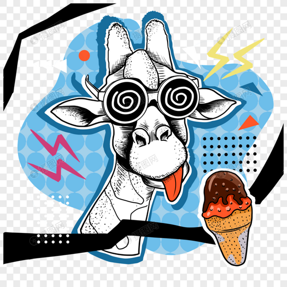 杂志文化风格的明亮彩色拼贴画戴着眼镜和冰淇淋的滑稽长颈鹿图片