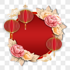 新年春节牡丹花卉红色边框图片