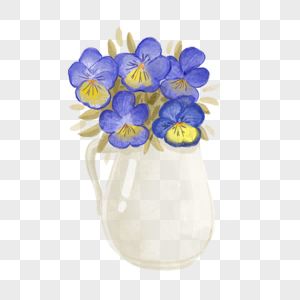 三色堇水彩风格花瓶里的图片
