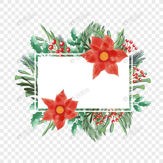 圣诞节一品红花卉水彩长方形边框图片