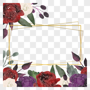 勃艮第玫瑰水彩长方形金线边框图片