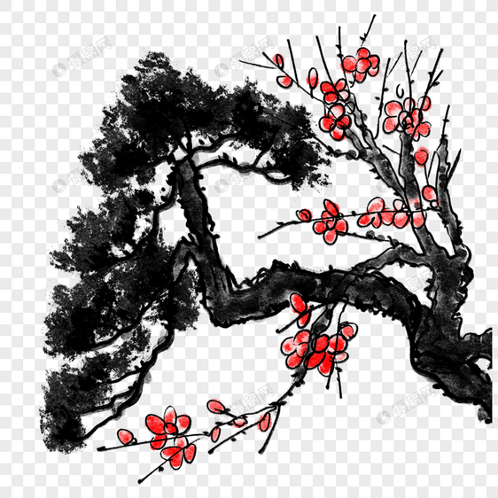 松树梅树组合水墨风格图片