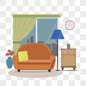 客厅橘色沙发扁平风格插画图片