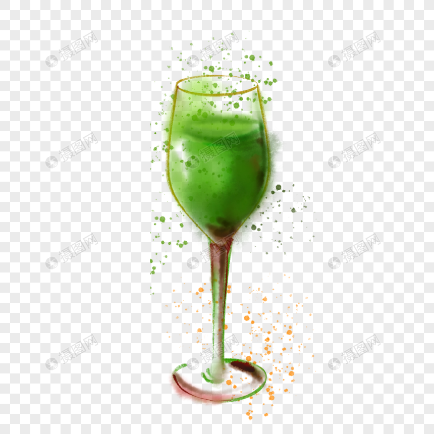 红酒杯绿色水彩溅射效果图片