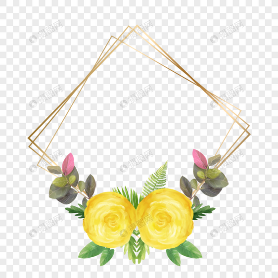 水彩婚礼黄色玫瑰花卉菱形边框图片
