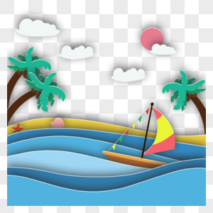 剪纸风格帆船海上航行椰树图片