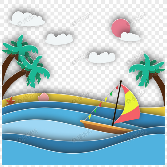 剪纸风格帆船海上航行椰树图片