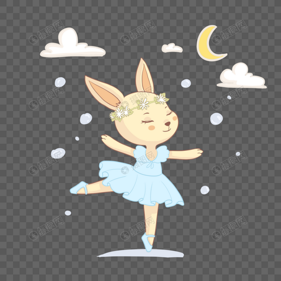 穿蓝色芭蕾舞裙和花圈跳舞的甜美小兔子图片