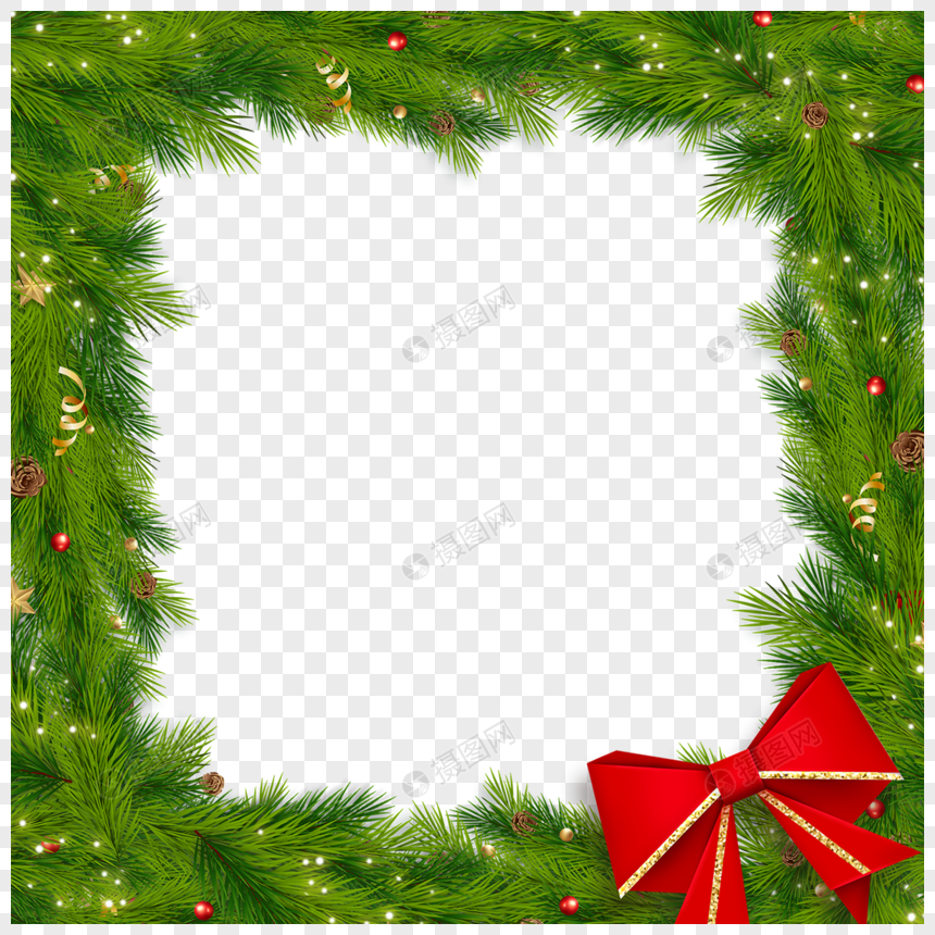 茂密绿色枝叶红色蝴蝶结圣诞冬青边框图片