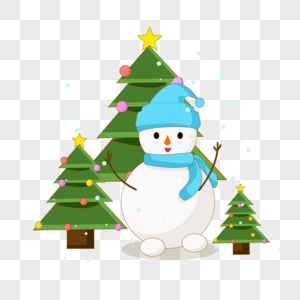 卡通风格可爱的圣诞树与雪人图片