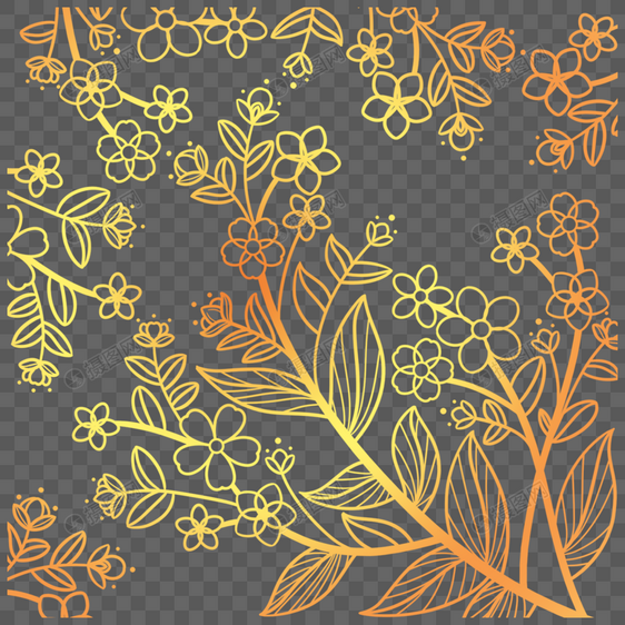 花朵枝叶金色线描图片