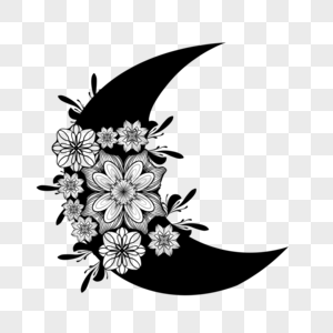 黑白漂亮月亮花卉剪影画剪贴画图片