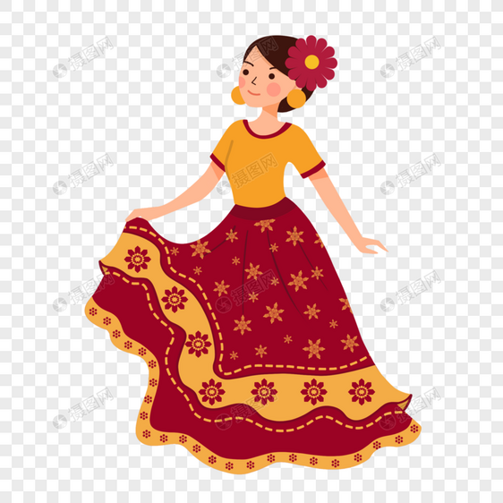 墨西哥五月节红色花朵图案裙子图片