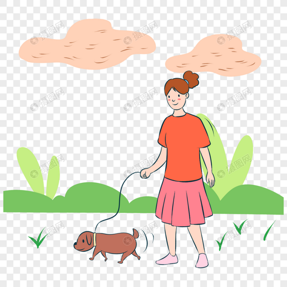 女人遛狗公园走路抽象插画图片