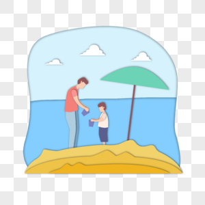 剪纸风格父亲节父子在海边沙滩图片
