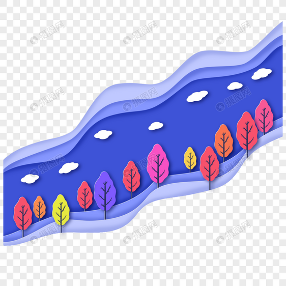 树林剪纸树木云朵叶子图片