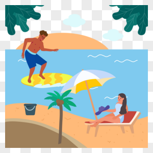 黄色冲浪板夏季海边人物插画图片