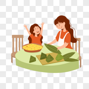 端午节厨房母女家人欢呼制作粽子图片