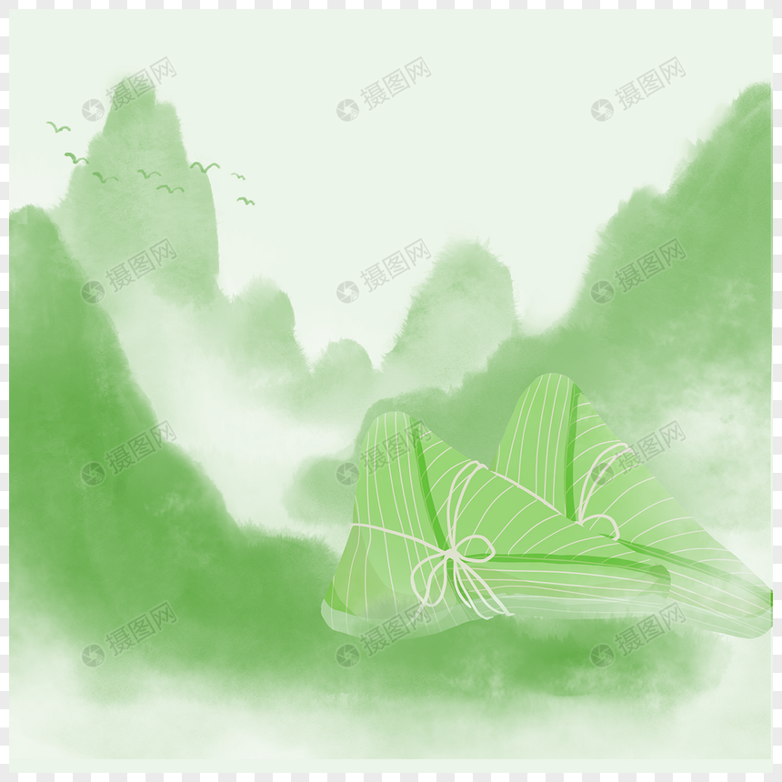 绿色水彩山脉端午水墨粽子边框图片