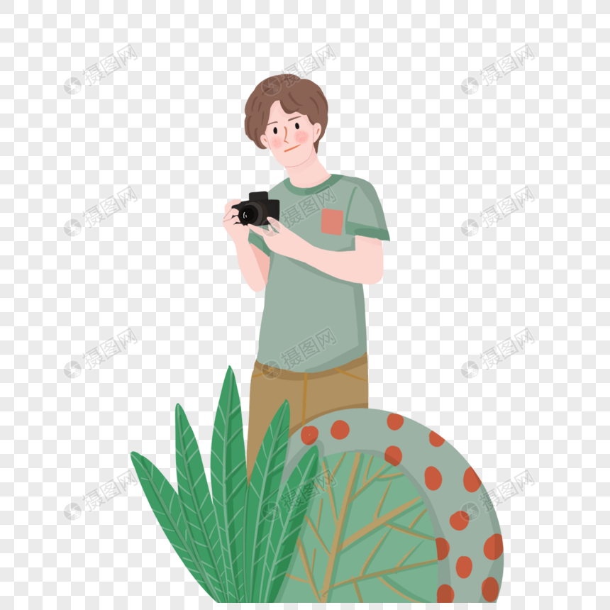 卡通植物男摄影师拿着相机照相绿色短袖图片