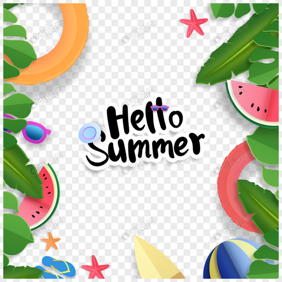 夏季剪纸沙滩边框美味水果绿色枝叶图片
