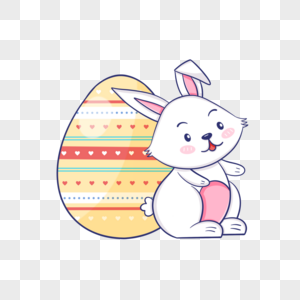 背靠黄色彩蛋的复活节卡通可爱兔子图片