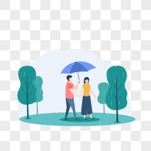 雨天打伞走在草地上的情侣插画图片