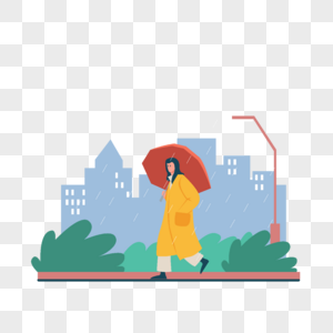 夜晚雨天打伞穿黄风衣的女人插画图片