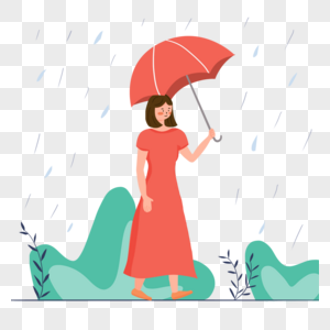 穿着裙子的女人雨中打伞插画图片