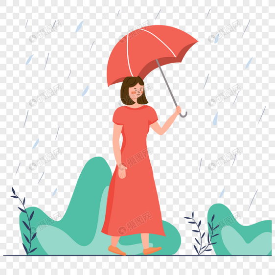穿着裙子的女人雨中打伞插画图片