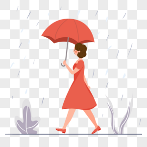 穿着橘红色裙子的女孩雨中打伞插画图片