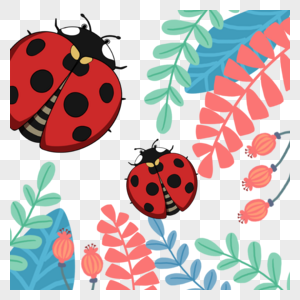 红色瓢虫春季植物插画图片