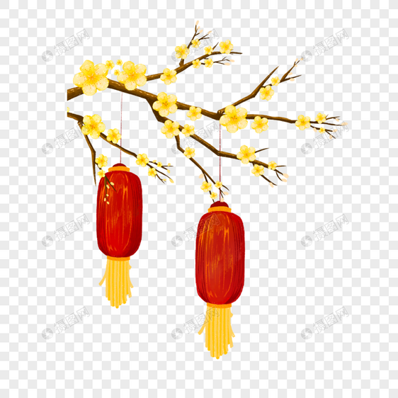 黄色花瓣梅花树上的红灯笼图片