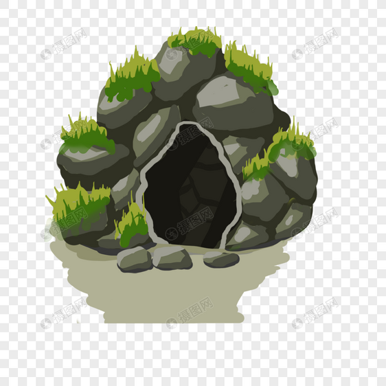 洞穴古老山洞绿色灌木插画图片