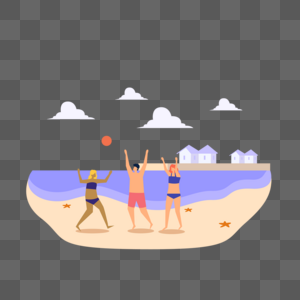 男女青年海边沙滩排球运动插画图片
