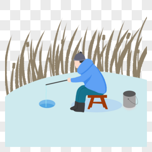 渔夫冬季芦苇地捕鱼插画图片