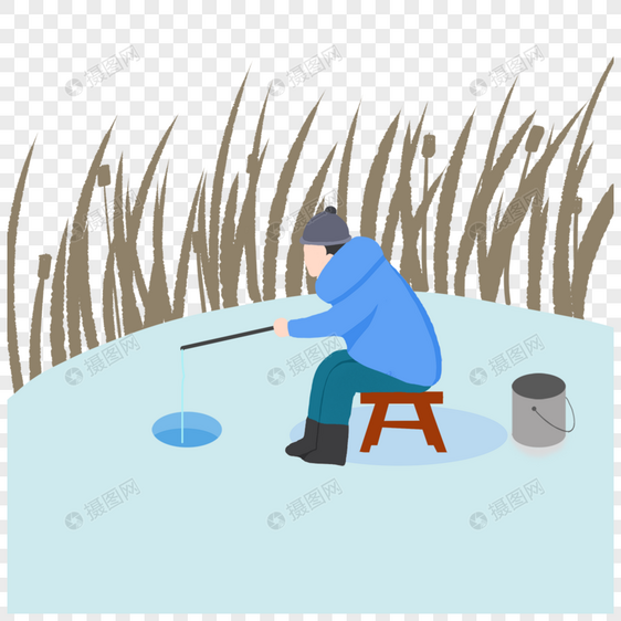 渔夫冬季芦苇地捕鱼插画图片