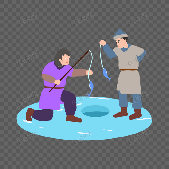男人蒙古中世纪冰上钓鱼插画图片