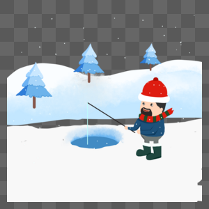 男子冬季雪地里钓鱼插画图片