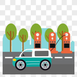 电动汽车概念插画停在路旁充电的车图片