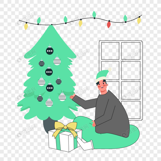 绿色圣诞树惊喜圣诞礼物卡通图案插画图片