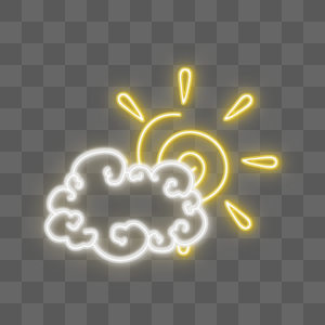 卡通风格霓虹灯效果发光白色云朵黄色太阳能源和天气图标图片