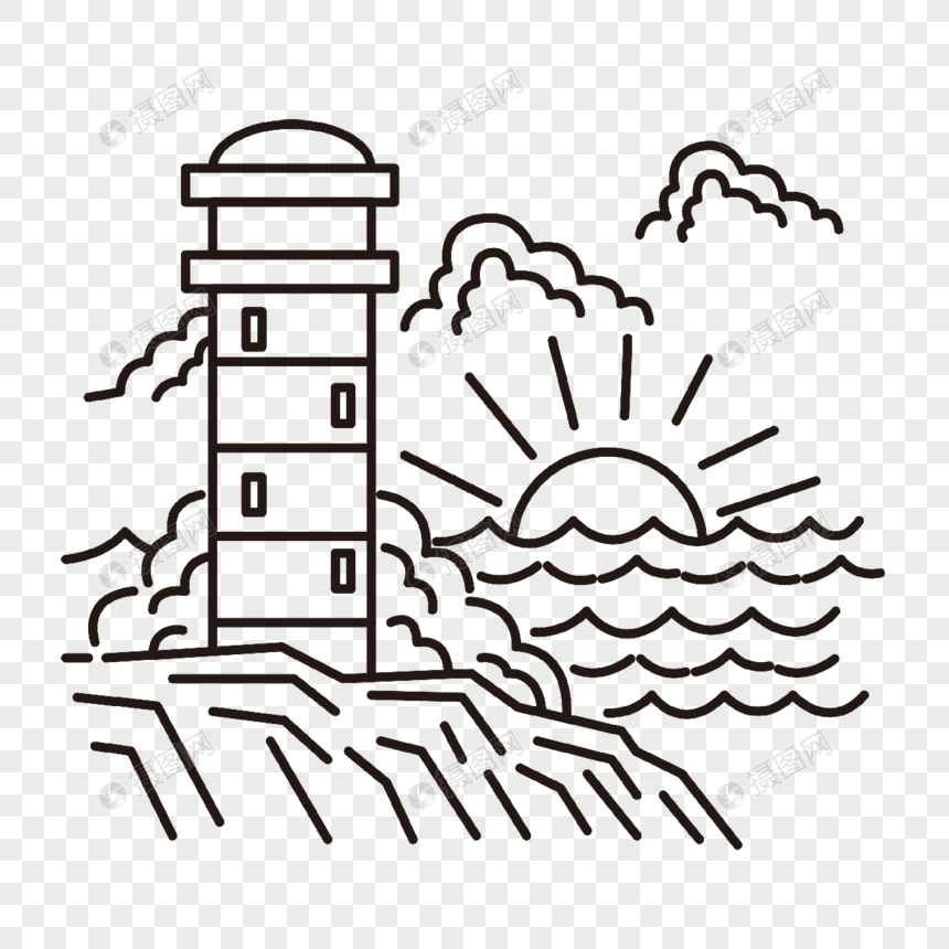 卡通线条海洋落日海岸上的灯塔插画图片