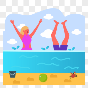 水中嬉戏的夏季海边人物插画图片