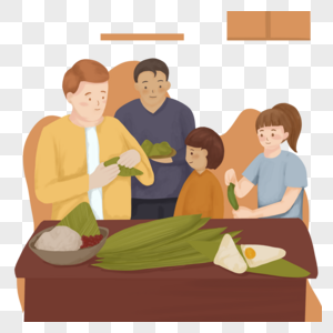 家人端午节包粽子图片