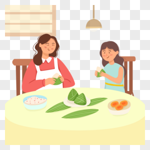 端午节圆桌子温暖家庭吃粽子包粽子鸭蛋黄图片