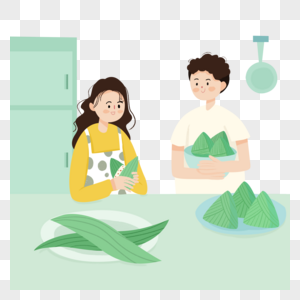 端午节厨房情侣家人绿色制作粽子图片