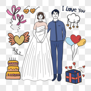 蛋糕彩带卡通婚礼插画图片